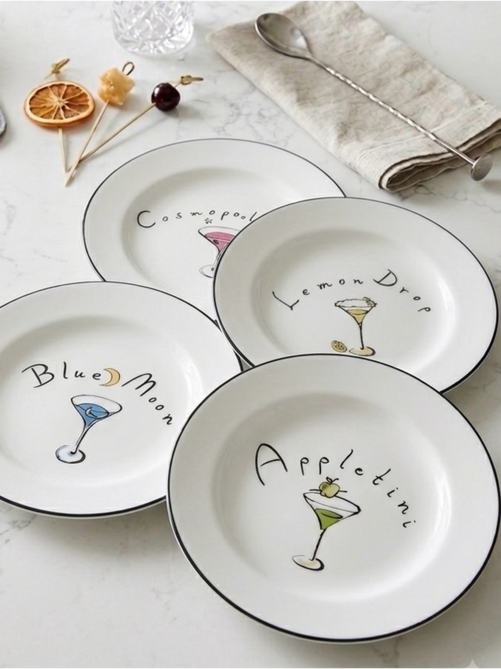 Pottery Barn Vintage Martini Cocktail Appetizer Dessert Plates  Set of 4